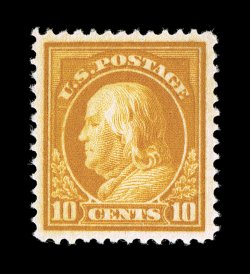 416a, 10c Brown yellow, an incredibly choice mint example of this rare and terribly difficult color variety, being extraordinarily well centered within exceptionally large
margins, which is quite uncharacteristic of this stamp, as most are found