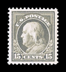 418, 15c Gray, excellent centering within very large margins, strong rich color and a crisp impression, o.g., l.h., extremely fine 2007 PSE certificate (XF-Superb 95 SMQ
$290.00).