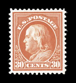 420, 30c Orange red, an incredibly fresh and choice mint single, featuring gorgeous rich color and a beautiful impression on fresh paper, plus it is extraordinarily well
centered amid uncommonly large margins, flawless o.g., n.h., an extremely f