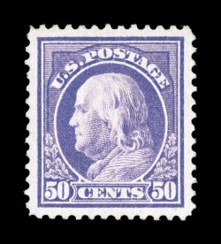 421, 50c Violet, single line watermark, a truly outstanding mint single, featuring particularly large and perfectly balanced margins all around, plus its color is exceedingly
rich and fresh, strong impression on crisp white paper, o.g., lightly