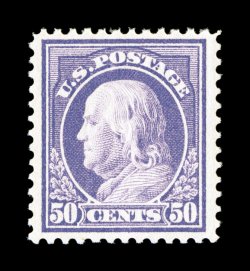 421, 50c Violet, single line watermark, uncharacteristically well centered and margined, strong rich color on fresh paper, o.g., n.h., extremely fine a seldom offered stamp both
never hinged and this choice 2001 and 2006 PF certificates (latte
