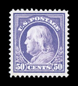 421, 50c Violet, single line watermark, excellent centering within unusually large margins, sumptuously rich color and a sharp detailed impression on fresh paper, o.g., lightly
hinged, extremely fine 2007 PSE certificate (XF 90 SMQ $700.00).