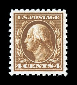 427, 4c Brown, an especially desirable mint single, featuring remarkable centering amid uncommonly large margins, plus its color is exceptionally rich and its impression well
incised on bright paper, unblemished o.g., n.h., an extremely fine gem