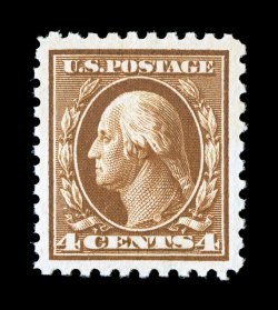 427, 4c Brown, exceptionally well centered within lavishly large margins, sumptuously rich color and a clean impression on fresh paper, o.g., n.h., extremely
fine.