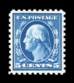 428, 5c Blue, uncommonly well centered and margined, deep intense color and impression, o.g., n.h., extremely fine 2007 PSE certificate (XF 90 SMQ $290.00).