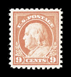 432, 9c Salmon red, exceedingly well centered within large margins, fresh color, pristine o.g., n.h., extremely fine 1996 and 2006 PF certificates (latter grading XF 90 SMQ
$395.00).