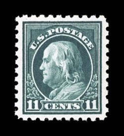 434, 11c Dark green, a premium quality mint example, being remarkably well centered within uncharacteristically large margins, plus its color is deep and luxuriant, while its
impression is razor-sharp on pristine white paper, unblemished o.g., n