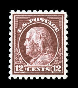 435, 12c Claret brown, exceedingly well centered, strong rich color and a well defined impression, o.g., n.h., extremely fine 2006 PF certificate (XF 90 SMQ
$240.00).