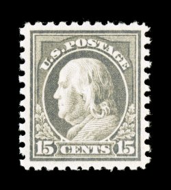 437, 15c Gray, rather well centered and margined, exceptionally bright and fresh, o.g., n.h., extremely fine photocopy of a 2000 PF certificate for a pair, this being the top
stamp, and a 2006 PSE certificate for the single (VF-XF 85 SMQ $540.