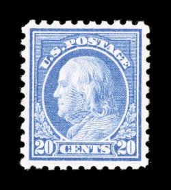 438, 20c Ultramarine, brilliantly fresh and choice mint example, deep rich color and impression, particularly well centered, unblemished o.g., n.h., extremely fine 2003 PSE
certificate (XF 90 SMQ $1,450.00).