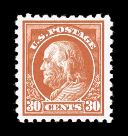 439, 30c Orange red, vibrant color that is especially deep and intense, well centered within exceedingly wide margins, unblemished o.g., n.h., extremely fine 1992 and 2001 PF
certificates.