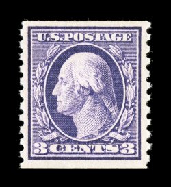 445, 3c Violet flat plate coil, perf. 10 vert., fresh mint single, strong rich color and a crisp impression, uncharacteristically well centered and margined, o.g., n.h., choice
very fine photocopy of a 1995 PF certificate for a strip of four, t