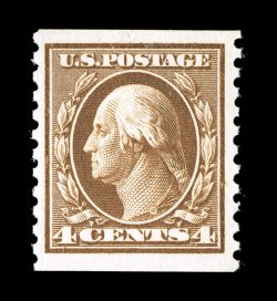 446, 4c Brown flat plate coil, perf. 10 vert., uncharacteristically well centered and margined, deep rich color and impression, o.g., n.h., extremely fine photocopy of a 2001 PF
certificate for a strip of five, this being the left stamp.