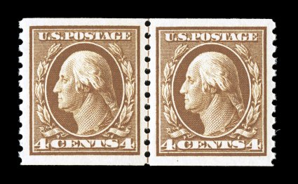 446, 4c Brown flat plate coil, perf. 10 vert., a fabulous quality guide line pair, sporting impeccable centering within extraordinarily large margins, rich luxuriant color and a
well incised impression on fresh paper, unblemished o.g., n.h., ext