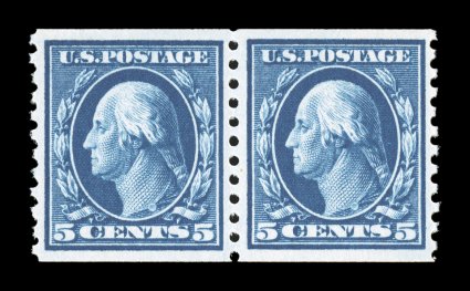 447, 5c Blue flat plate coil, perf. 10 vert., impressive mint pair, deep intense color and impression on bright paper, exceptionally well centered and margined, o.g., n.h.,
extremely fine 1994 PF certificate and a 2007 PSE certificate (XF-Super