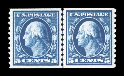 447, 5c Blue flat plate coil, perf. 10 vert., guide line pair, deep prooflike color and impression on bright white paper, exceptionally well centered within wide margins, o.g.,
very lightly hinged, extremely fine 1977 PF certificate.