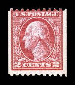 449, 2c Red rotary coil, Ty. I, perf. 10 horiz., bright color in the characteristic shade, o.g., very lightly hinged, a nearly fine example of this scarce coil 2007 PF
certificate.