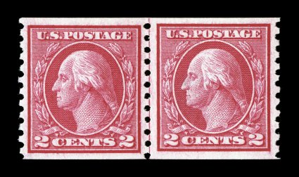 453, 2c Carmine rose rotary coil, Ty. I, perf. 10 vert., a most impressive joint line pair, being exceedingly well centered amid uncommonly large margins, gorgeous bright color
and a crisp detailed impression, pristine o.g., n.h., extremely fine