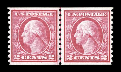 453, 2c Carmine rose rotary coil, Ty. I, perf. 10 vert., joint line pair, well centered, bright color, o.g., barely hinged, faint perf. tip thin at right, very fine appearance
clear 1983 PF certificate.