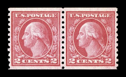 454, 2c Red rotary coil, Ty. II, perf. 10 vert., mint pair, exceptionally well centered and margined, bright fresh color, o.g., n.h., extremely fine 2007 PF certificate (XF 90
SMQ $630.00).