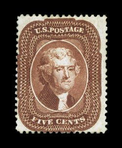 28, 5c Red brown, Ty. I, a rare mint single, lovely rich color and a well incised impression, nearly full original gum, very mild and trivial crease, fine 1964 PF
certificate.