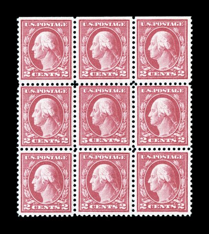 467, 5c Carmine error, single error in a block of nine, brilliant color, o.g., n.h., one 2c stamp with trivial gum inclusion, fine.