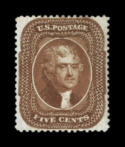 30, 5c Orange brown, Ty. II, unusually well centered and margined, rich luxuriant color and a strong detailed impression, full o.g., lightly hinged, extremely fine a highly
desirable stamp encapsulated PSE certificate (XF 90 SMQ $2,800.00)