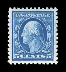 504, 5c Blue, a striking mint single, featuring enormously large and marvelously well balanced margins all around, rich luxuriant color and a well incised impression, o.g.,
n.h., an extremely fine gem 2006 PF certificate (XF-Superb 95 Jumbo SM