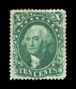 32, 10c Green, Ty. II, exceptionally well centered within uncharacteristically large margins, deeply rich color and a well incised impression, full o.g., diagonal crease and
small tears, extremely fine appearance despite the faults, this is a h