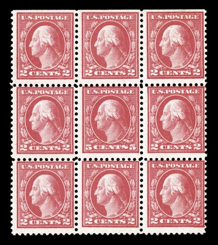 505, 5c Rose error, single error in the center of a block of nine, hinged in the surrounding stamps only, however the error itself is fresh, o.g., n.h., fine.