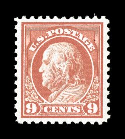 509, 9c Salmon red, an extraordinary quality mint single that is impeccably well centered amid uncommonly large margins, marvelously bright and fresh, immaculate o.g., n.h.,
extremely fine a truly gem stamp for the most fastidious collector ph