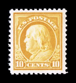 510, 10c Orange yellow, exceptionally well centered within very large margins, brilliant color, o.g., n.h., extremely fine 2007 PSE certificate (XF 90 Jumbo SMQ $125.00 for 90
and $450.00 for 95).