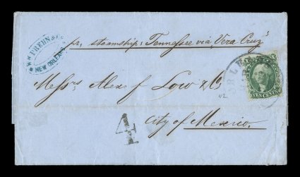 33, 10c Green, Ty. III, tied by New Orleans c.d.s. on 1859 folded letter to Mexico, endorsed per steamship Tennessee via Vera Cruz, 4 reales due handstamp, stamp with tiny tear
at top right, otherwise very fine.