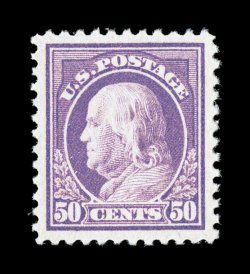 517, 50c Red violet, a remarkably choice mint example, being flawlessly centered amid extravagantly large margins, marvelously bright and fresh, with strong color and impression
on pristine white paper, o.g., n.h., superb while premium examples
