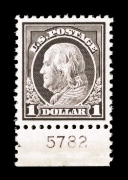 518, $1.00 Violet brown, a marvelously choice bottom sheet-margin plate no. 5782 single for the perfectionist, impeccably well centered within large balanced margins, rich
luxuriant color and a sharp detailed impression, pristine o.g., n.h., an