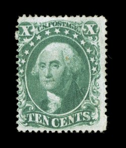 34, 10c Green, Ty. IV, an incredibly rare unused example, rich bright color and a clean impression, centered to the left as is typical of unused 34s, small natural paper
inclusion, fine a stamp that is missing from nearly all mint United Stat