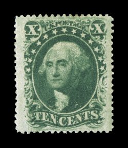 35, 10c Green, Ty. V, excellent centering within particularly wide margins, strong rich color and a sharp impression, full o.g., lightly hinged, extremely fine encapsulated PSE
certificate (XF 90 SMQ $660.00).