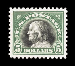 524, $5.00 Deep green and black, precisely centered within lavishly large margins, rich bright colors and strong impressions, o.g., l.h., extremely fine 2007 PSE certificate
(Superb 98 SMQ $760.00) the highest grade the PSE has given to any
