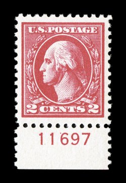 528A, 2c Carmine offset, Ty. VI, attractive bottom margin plate no. 11697 single, radiant color and a well incised impression on pristine white paper, exceptionally well
centered within especially large margins, o.g., n.h., extremely fine 2007
