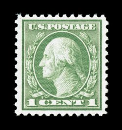 545, 1c Yellowish green coil waste, exceptionally well centered within very large margins for a coil waste stamp, bright fresh color in the distinctive and seldom seen Yellowish
green shade, o.g., barest trace of hinging, extremely fine 1997 PS