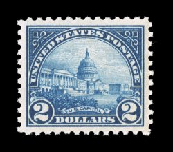 572, $2.00 Deep blue, excellent color that is remarkably deep and intense, razor-sharp impression on fresh paper, particularly well centered within large margins, o.g., n.h.,
extremely fine 2007 PSE certificate (XF-Superb 95 SMQ $780.00).