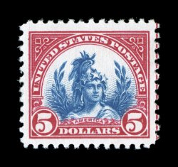 573, $5.00 Carmine and blue, well centered within impressively large margins, bright colors on clean white paper, o.g., n.h., extremely fine 2007 PSE certificate (XF 90 Jumbo
SMQ $410.00 for 90 and $900.00 for 95).