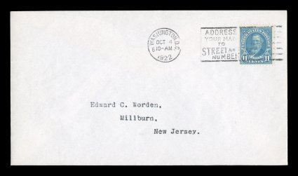 563, 11c Light blue, tied to pristine Edward C. Worden typewritten addressed first day cover by Washington, D.C.Oct 41922 machine cancel, brilliant stamp, extremely fine
cover.