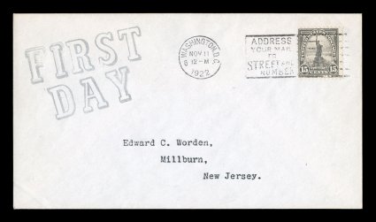 566, 15c Gray, single tied to immaculate first day cover with FirstDay double line handstamped cachet by Washington, D.C.Nov 111922 machine cancel, serviced by Edward C. Worden
with very neatly typed address, choice very fine.