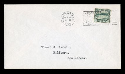 568, 25c Yellow Green, unusually well centered single tied to marvelously fresh Edward C. Worden first day cover by Washington, D.C.Nov 111922 machine cancel, extremely
fine.