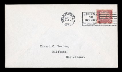 567, 20c Carmine Rose, tied to pristine Edward C. Worden first day cover by Washington, D.C.May 11923 machine cancel, very fine and exceptionally choice.