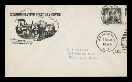 623, 17c Black, three different first Nickles cachets for this issue relating to the official cities showing his birthplace in Staunton, Va., his home in Princeton, N.J. and the
house in which he died in Washington, D.C., each with an attrac