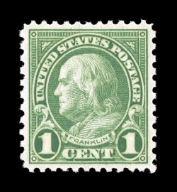 578, 1c Green coil waste, a highly select mint example, being remarkably well centered and margined for this difficult coil waste stamp, brilliantly rich color and a crisp
detailed impression, o.g., n.h., extremely fine and uncommonly choice ra