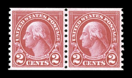 599, 2c Carmine coil, perf. 10 vert., gem mint pair, flawlessly centered, spectacularly intense color and sharp impression, o.g., n.h., extremely fine 2007 PSE certificate
(Superb 98 SMQ $200.00) the highest grade the PSE has assigned to an