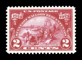 615, 2c Huguenot-Walloon, a visually striking mint single, featuring incredibly radiant color in the deepest shade we have ever seen and a truly prooflike impression, plus it is
remarkably well centered within lavishly large margins, o.g., n.h.,